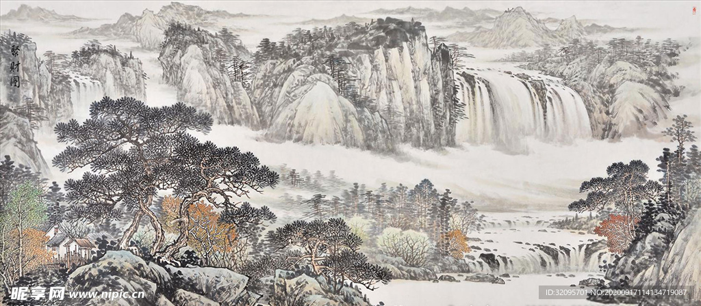 水墨山水 瀑布 亭 树 背景墙