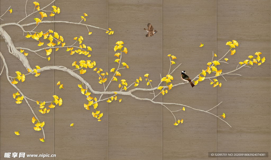 花鸟画 银杏树 背景墙