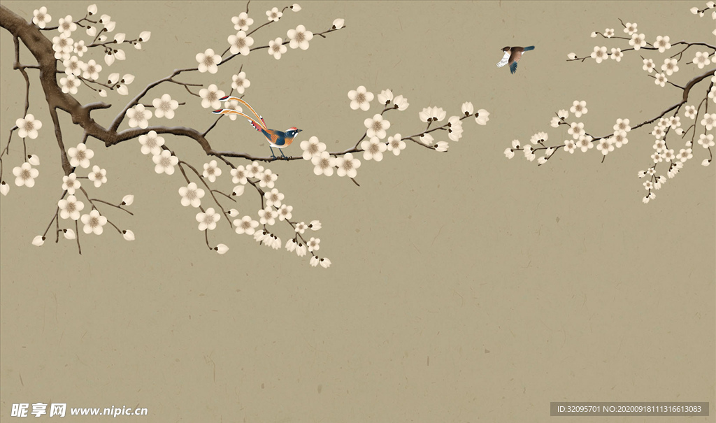 花鸟画 梅花 飞鸟 背景墙
