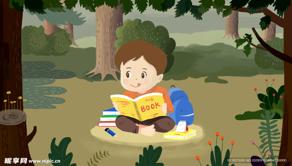 在大森林中看书的孩子