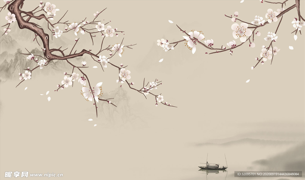 水墨山水 梅花 小船 背景墙