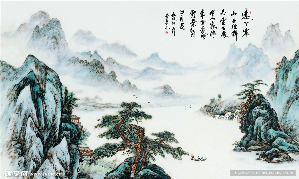 水墨山水 小船 松树 背景墙