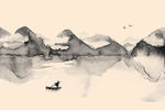 水墨山水 大雁 小船 背景墙