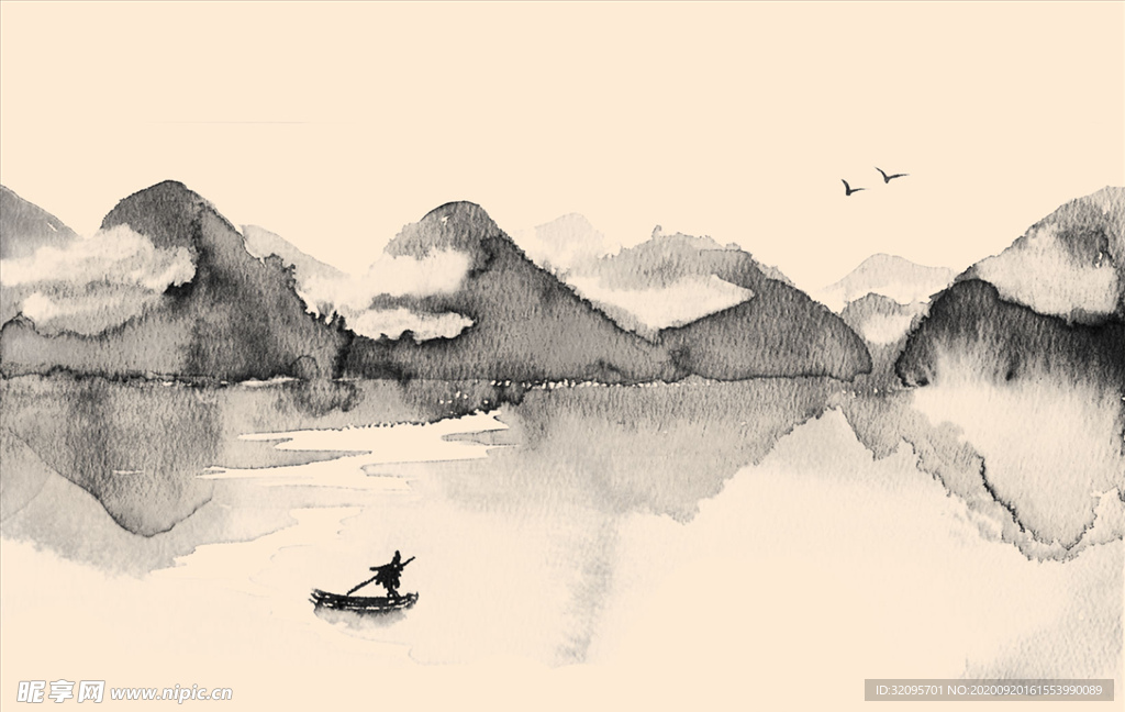 水墨山水 大雁 小船 背景墙