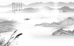 水墨山水 芦苇 小船 背景墙