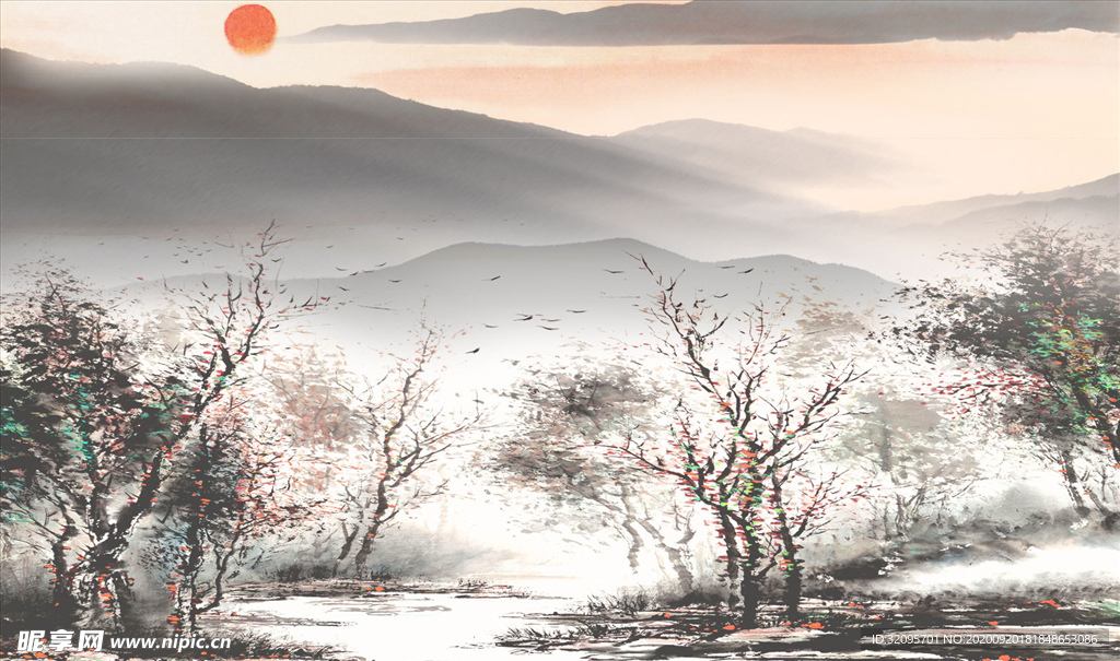 水墨画 树 太阳 背景墙