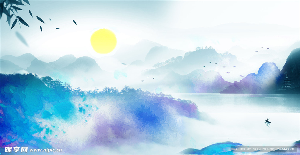 水墨山水 小船 太阳 背景墙