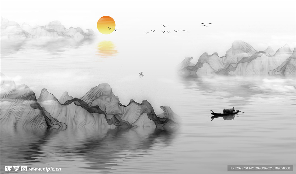 水墨山水 小船 背景墙