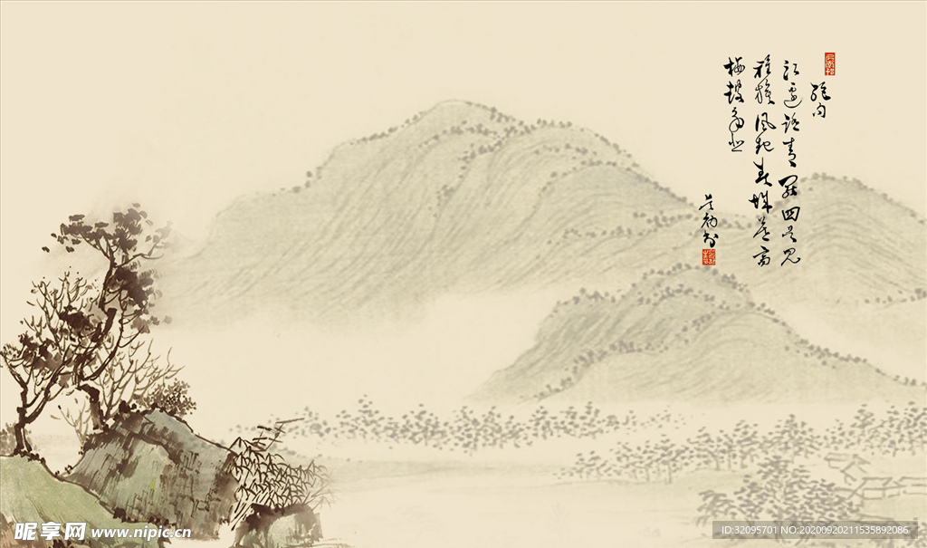 水墨山水 树 背景墙