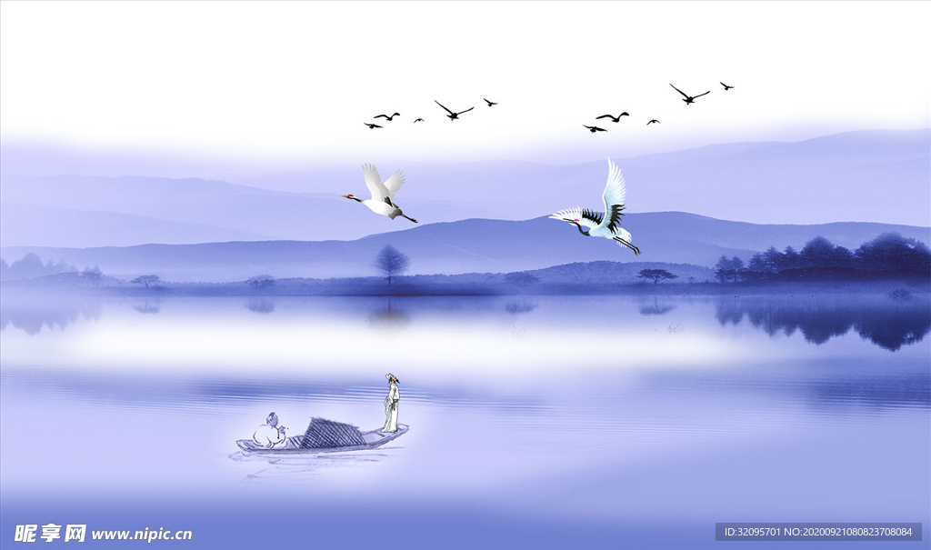 山水画 鹤 小船 背景墙