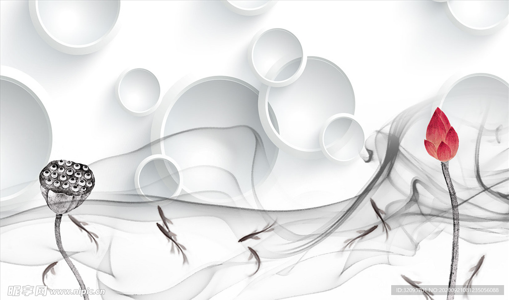 水墨画 荷花 莲蓬 背景墙