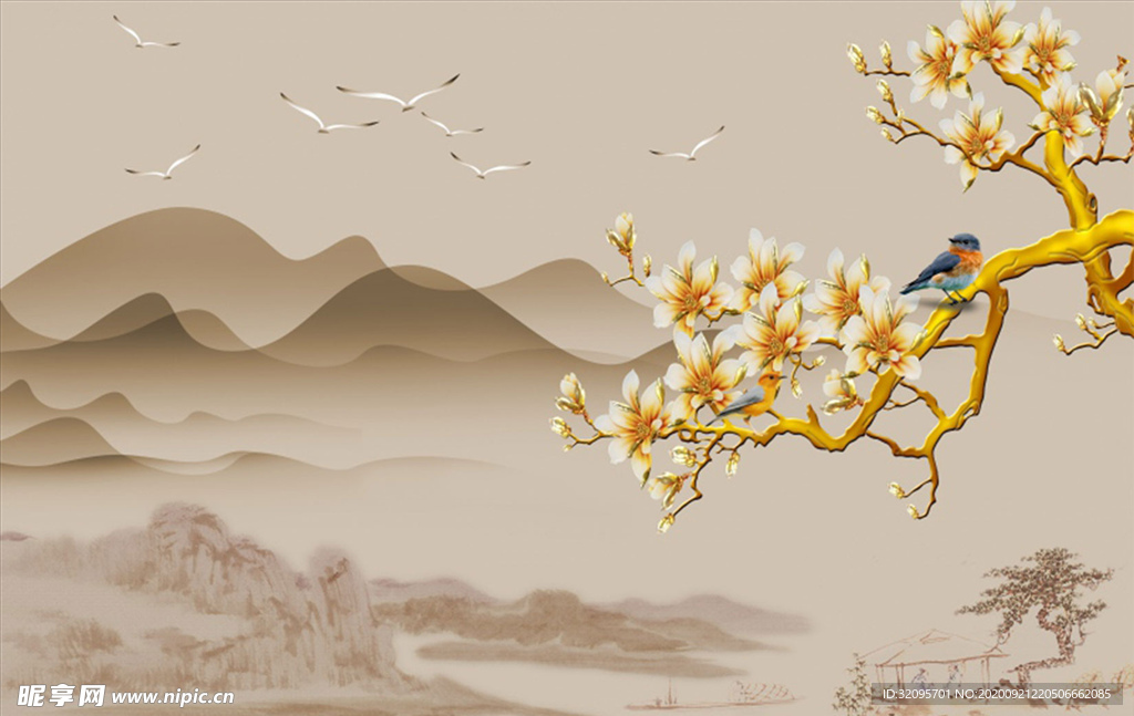 花鸟画 玉兰 背景墙