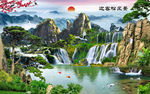 山水画 迎客松 太阳 背景墙