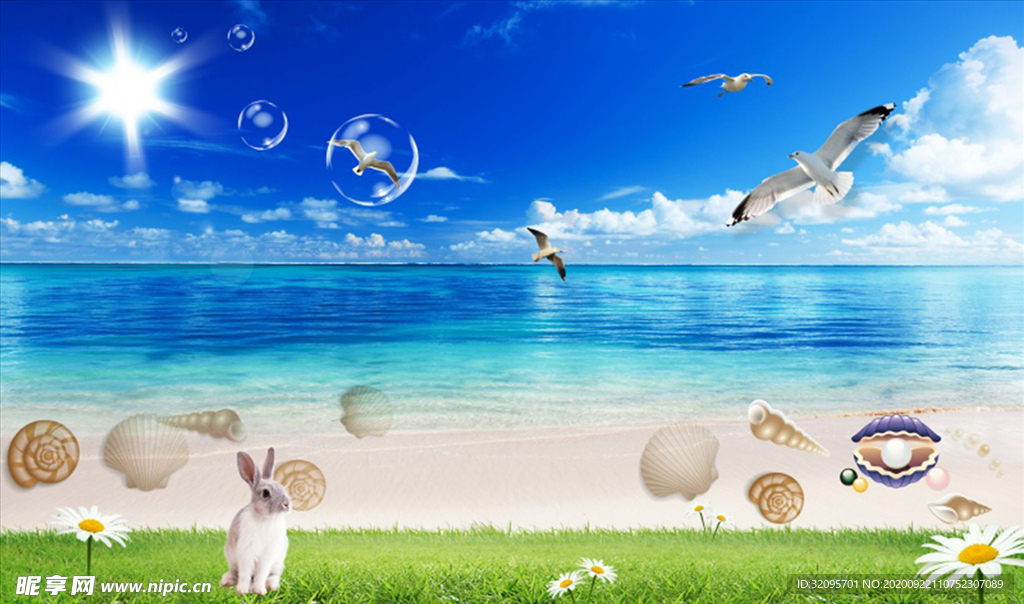 海边 沙滩 海鸥 背景墙