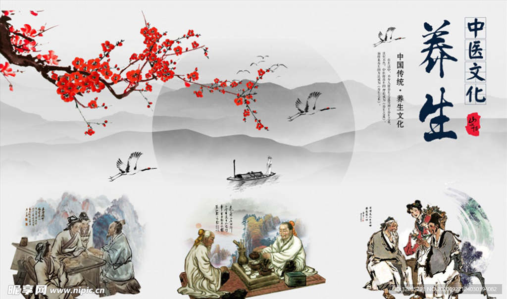 养生 中医文化 梅花 背景墙
