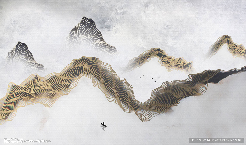 水墨画 飘带 小船 背景墙