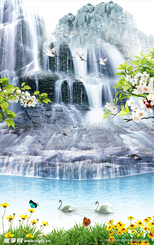 山水画 瀑布 小碎花 玄关图