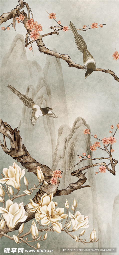 花鸟画 玉兰 梅花 玄关图