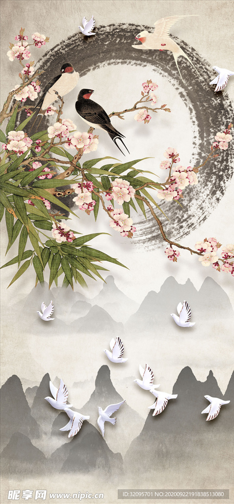 花鸟画 梅花 鸽子 玄关图