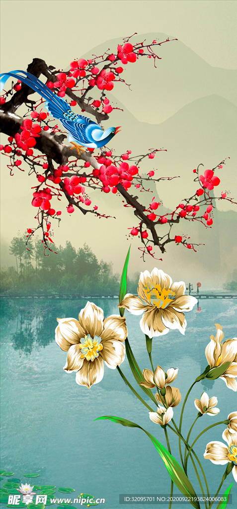 花鸟画 梅花 兰花 背景墙