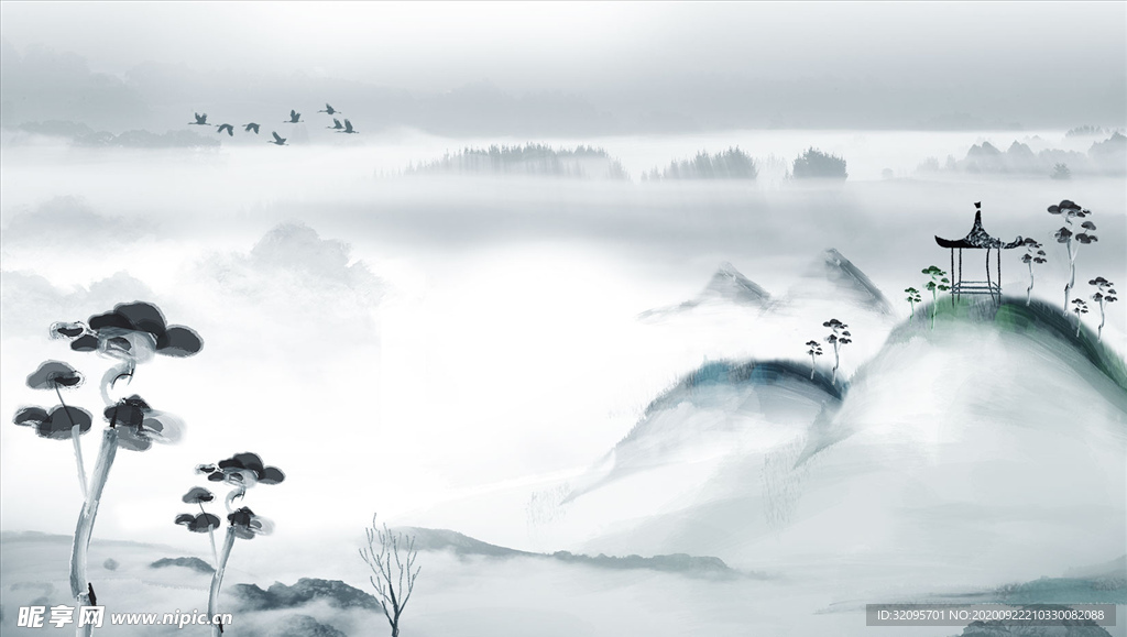 水墨山水 树 亭 背景墙