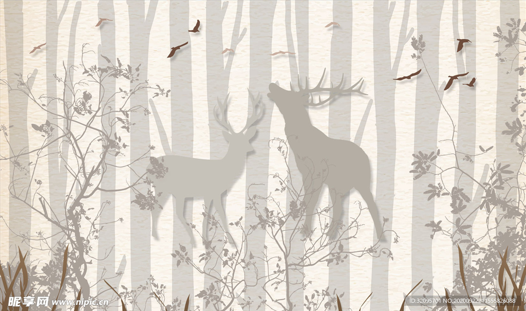 水墨画 树林 鹿 背景墙
