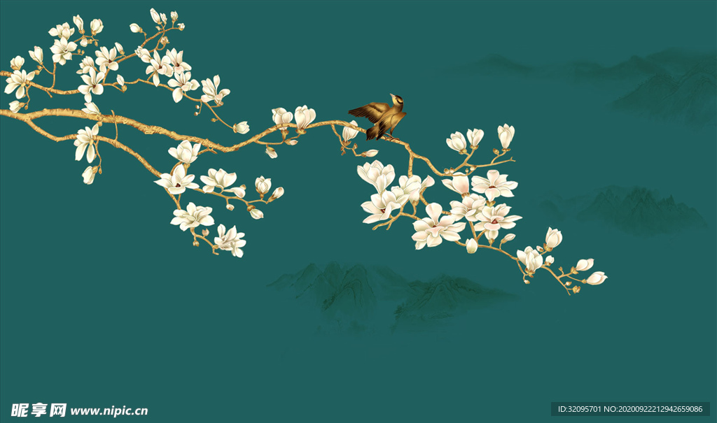花鸟画 玉兰 小鸟 背景墙
