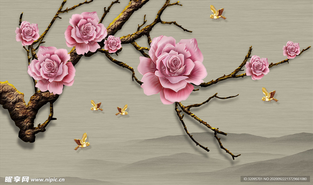 花鸟画 浮雕花 牡丹 背景墙