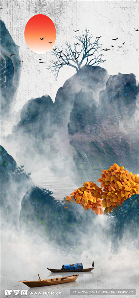水墨山水 小船 大雁 玄关图