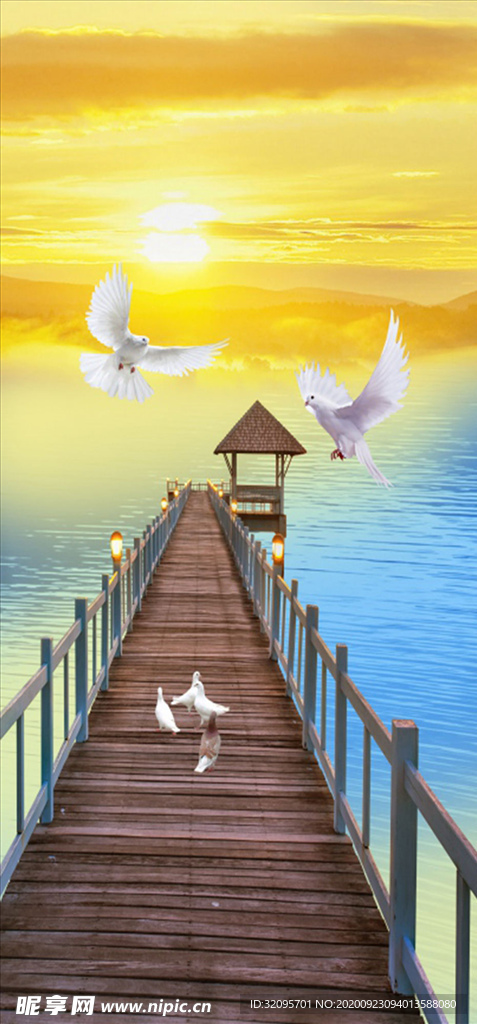 海边 海鸥 桥 夕阳 玄关图
