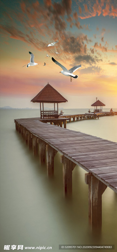 海边 海鸥 桥 亭 晚霞 玄关
