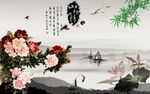 中式山水情牡丹背景墙