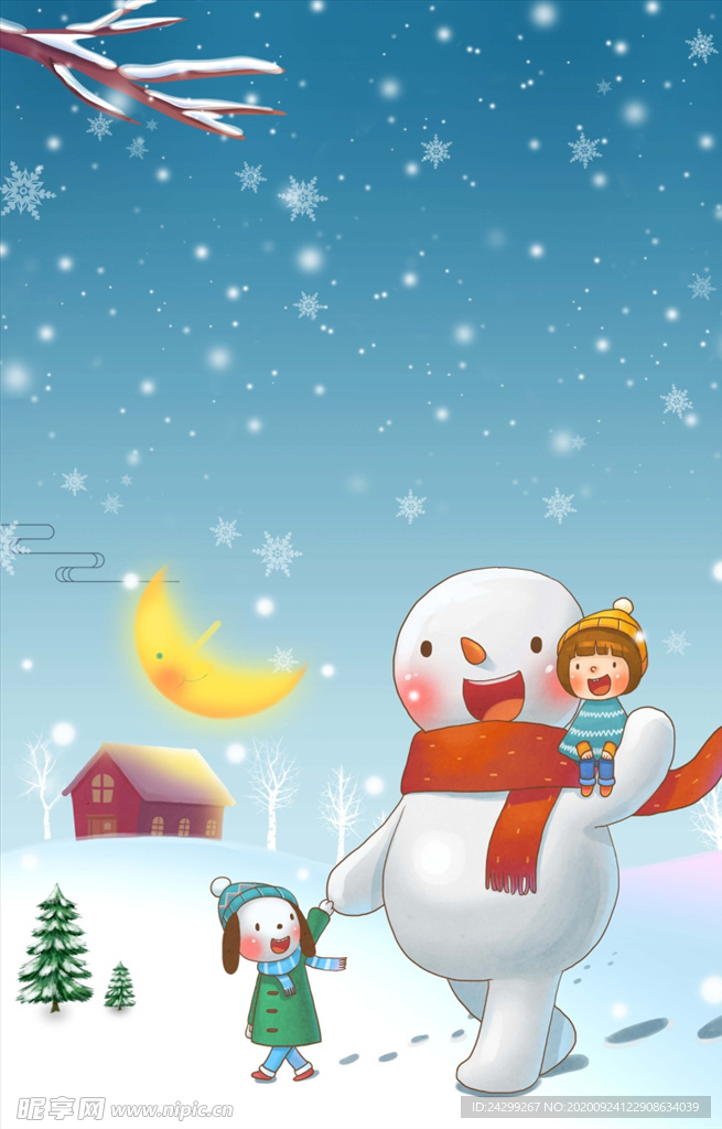 月亮 雪人 飘雪