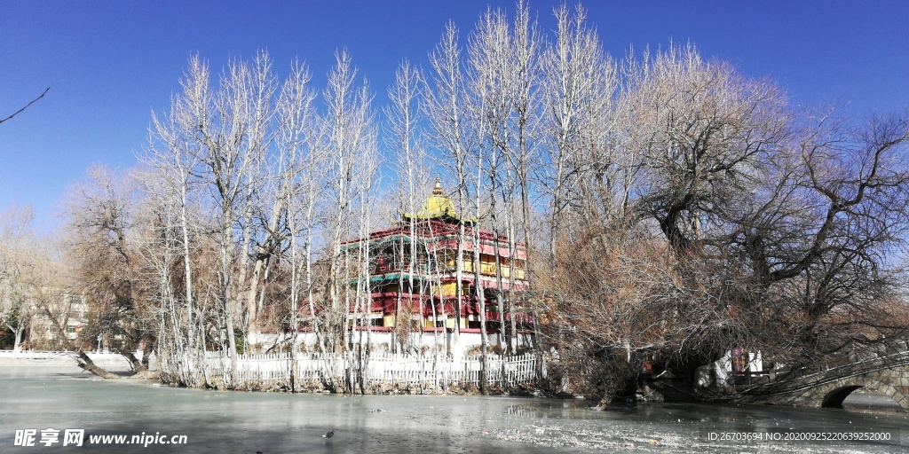 湖泊树林亭子古建筑风景图片