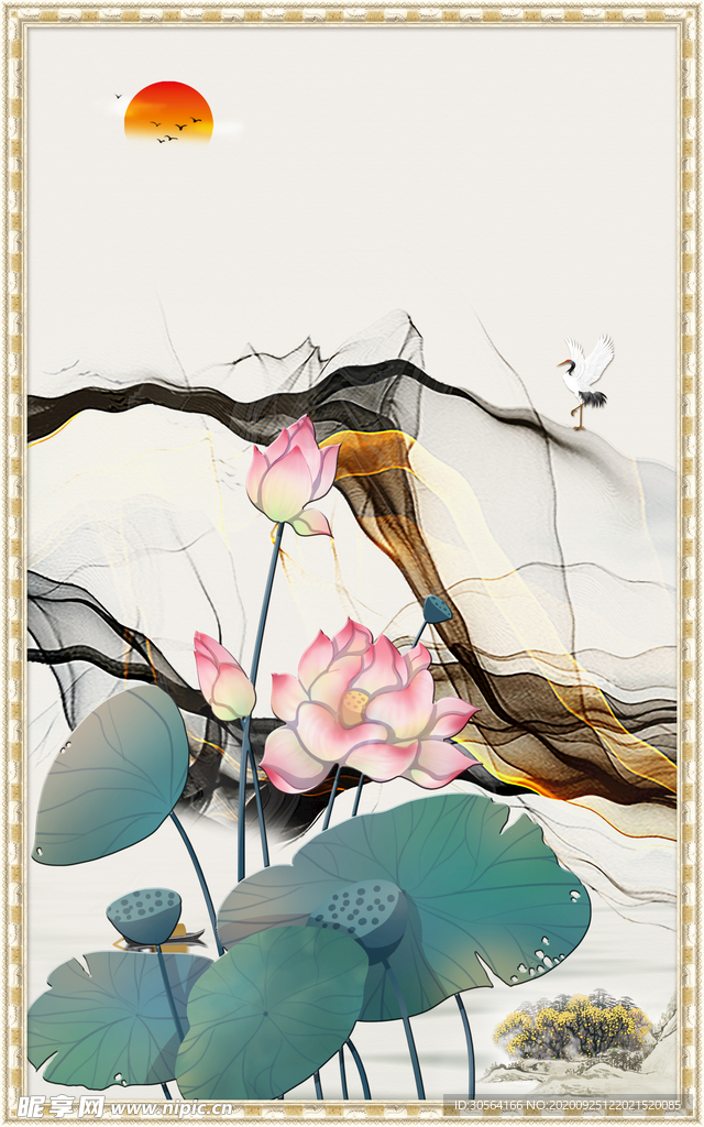 荷花荷叶古风墙画壁画素材