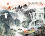 水墨山水 瀑布 鹤 背景墙