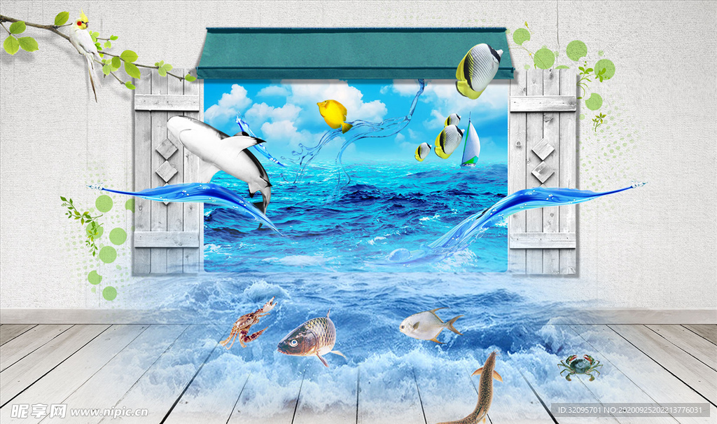海边 波浪 鱼 背景墙