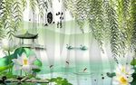 山水画 荷花 垂柳 亭 背景墙
