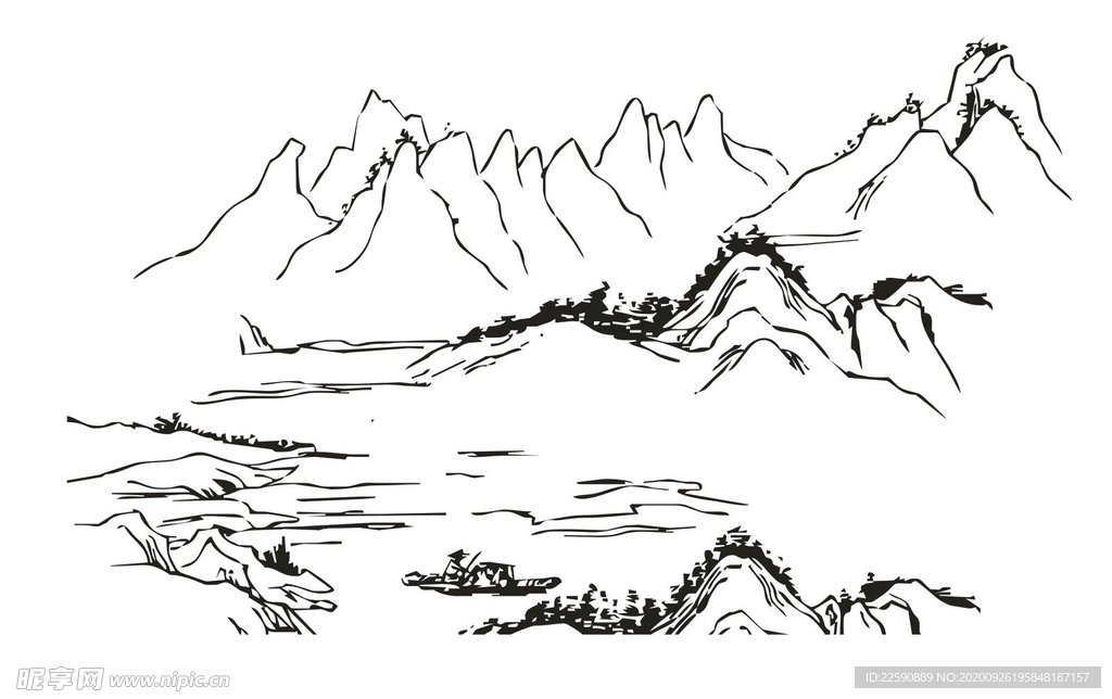 中国山水简笔画矢量图