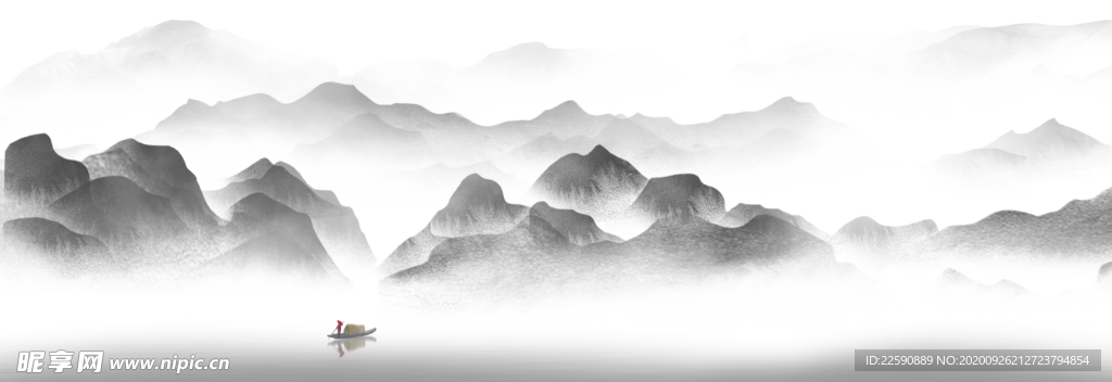 免抠图中国风水墨山水画渔船画