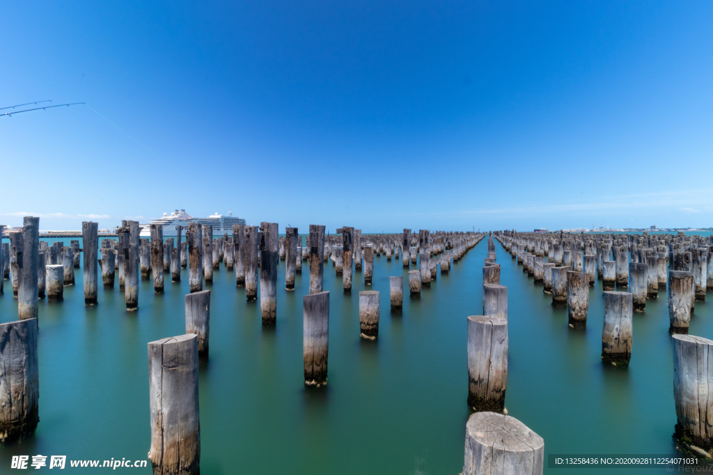 大海天空海水木桩风景