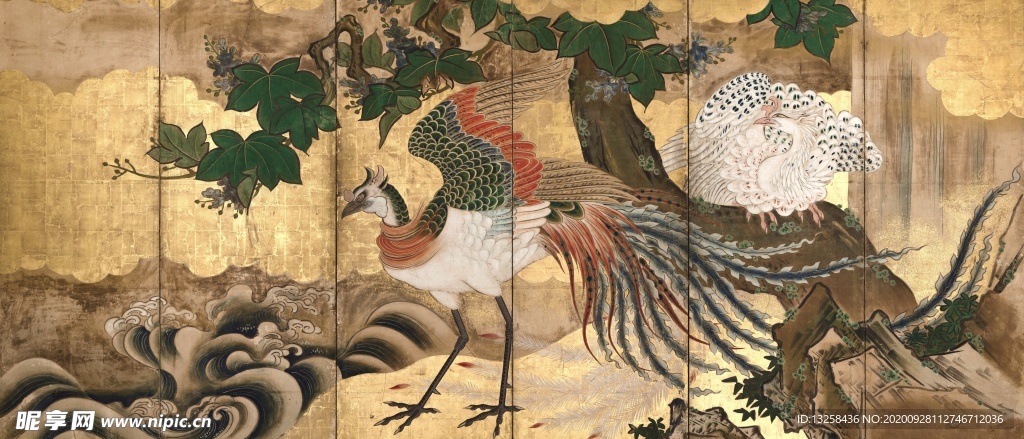 彩色花鸟绘画屏风艺术