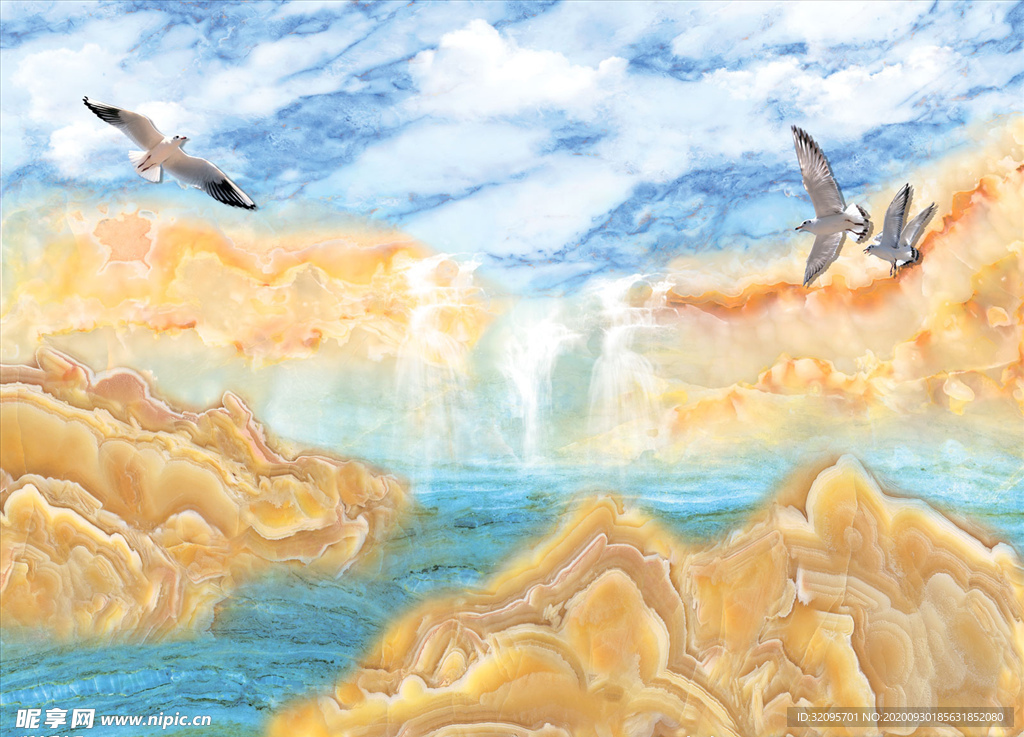 山水画 大理石纹 鹤 背景墙