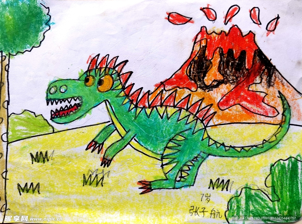 儿童简笔画火山与恐龙之王霸王龙