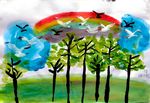 儿童水粉画风景画—雨后的银杏林