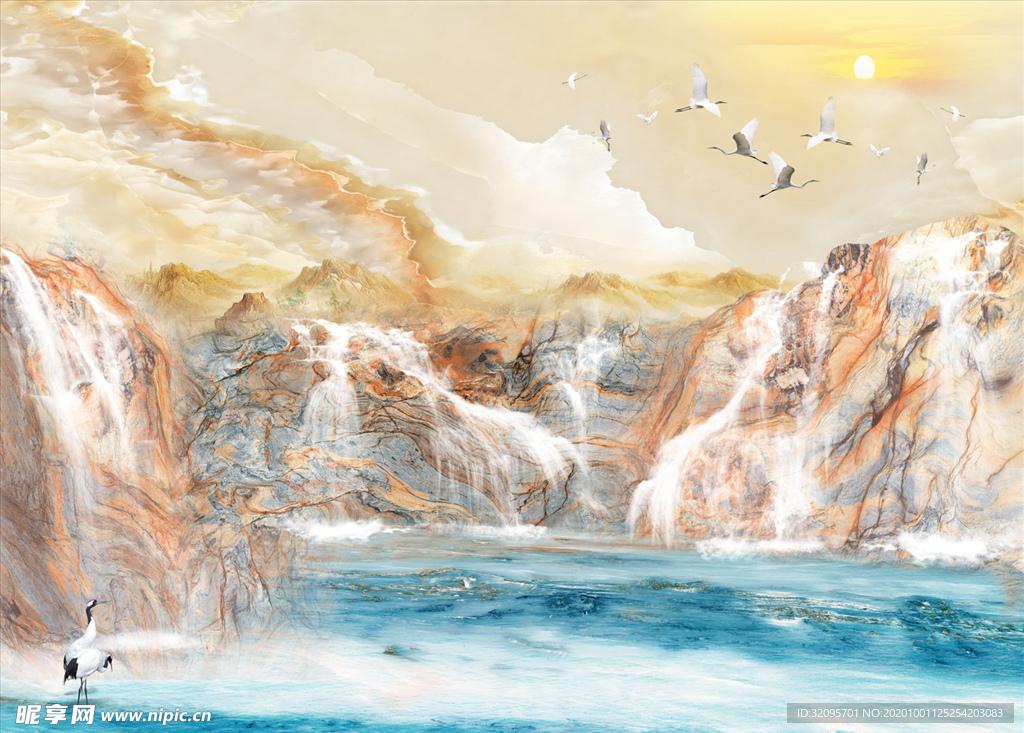 山水画 瀑布 鹤 背景墙