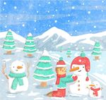 雪地堆雪人的男子