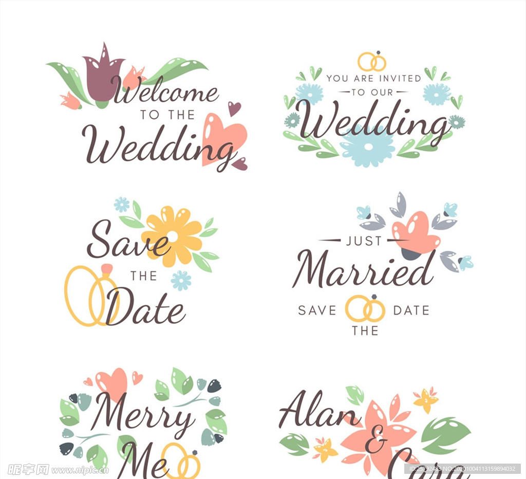 清新婚礼花卉标签