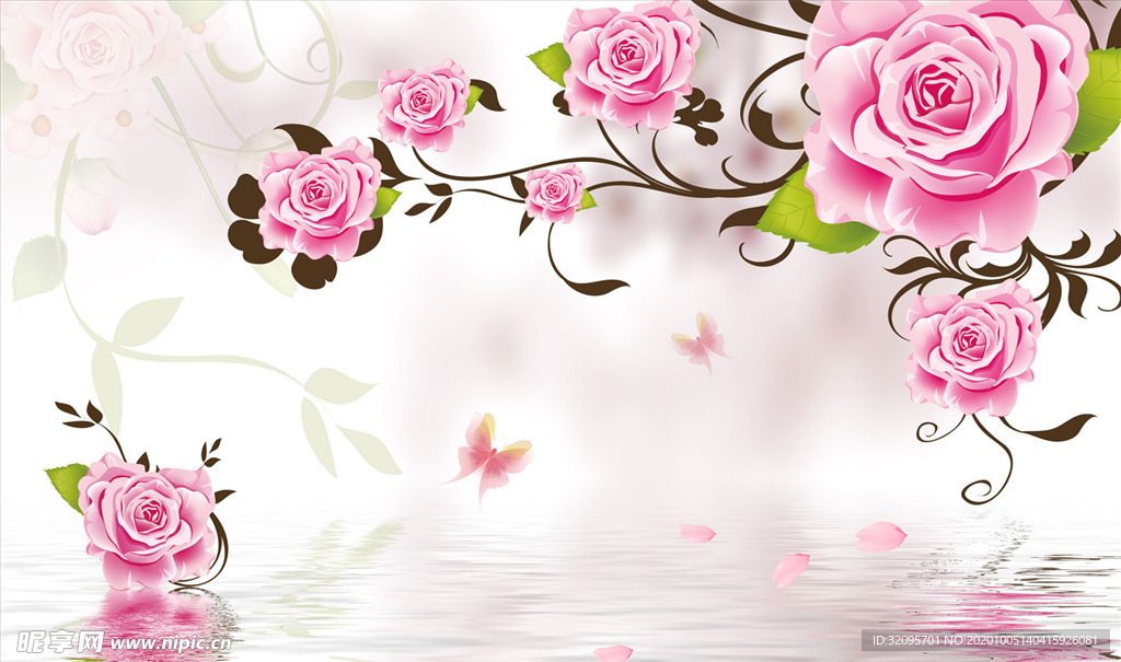玫瑰 花藤 蝴蝶 水波纹背景墙