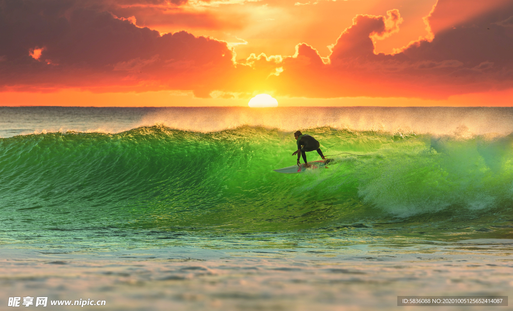 大海冲浪美丽夕阳红海景图